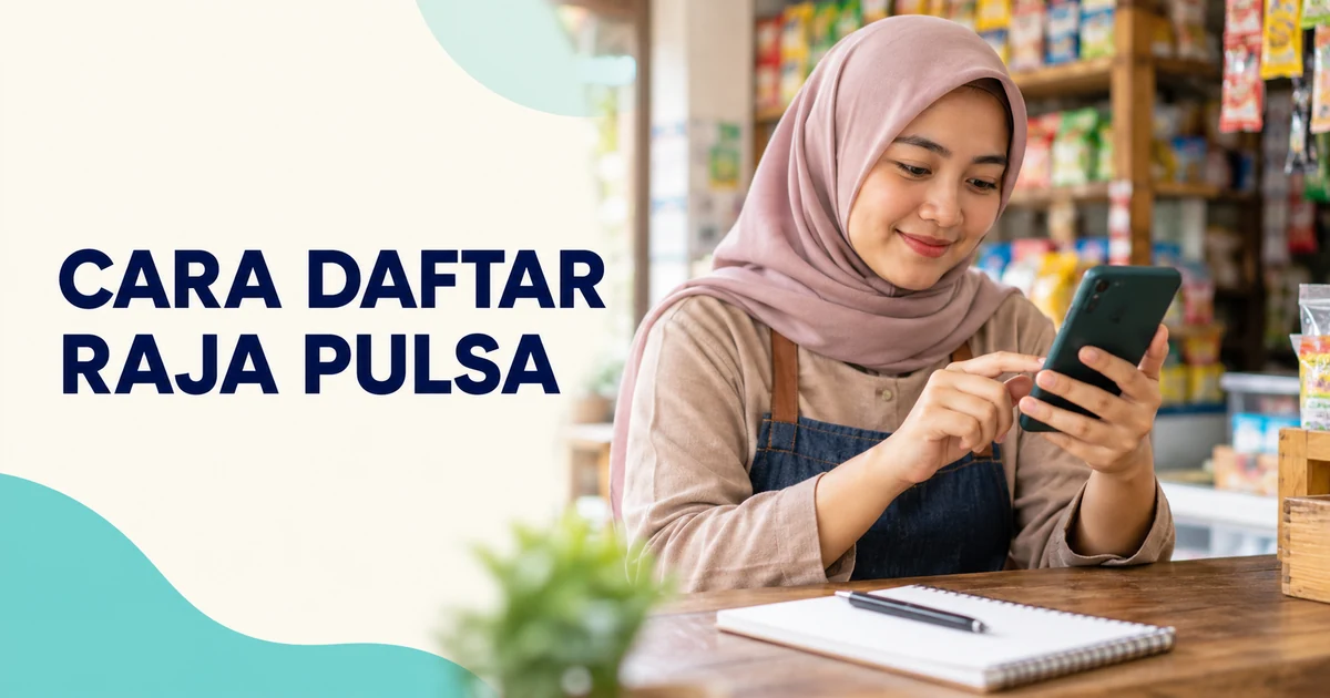Ilustrasi pemilik warung menyiapkan pendaftaran Raja Pulsa melalui ponsel