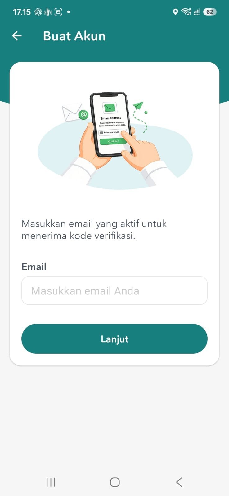 Layar Buat Akun Orderkuota dengan kolom email dan tombol Lanjut