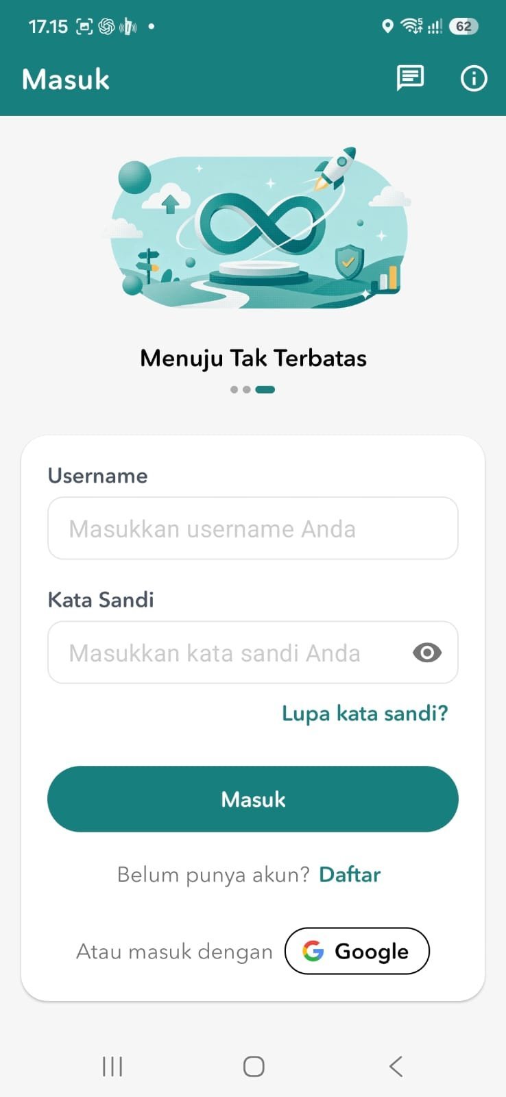 Layar Masuk Orderkuota dengan pilihan Daftar untuk pengguna baru