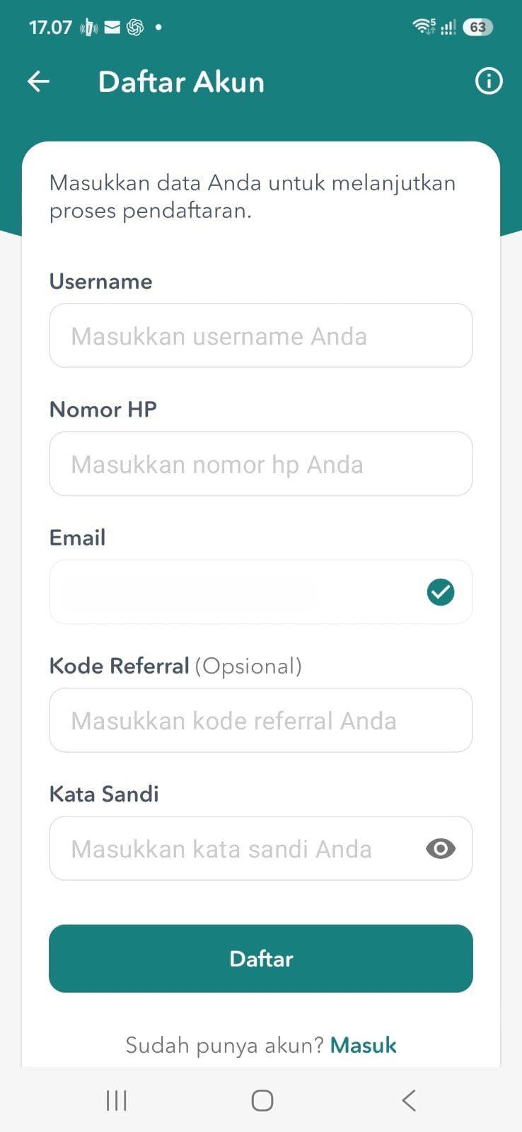Formulir Orderkuota menampilkan kolom Kode Referral yang bersifat opsional