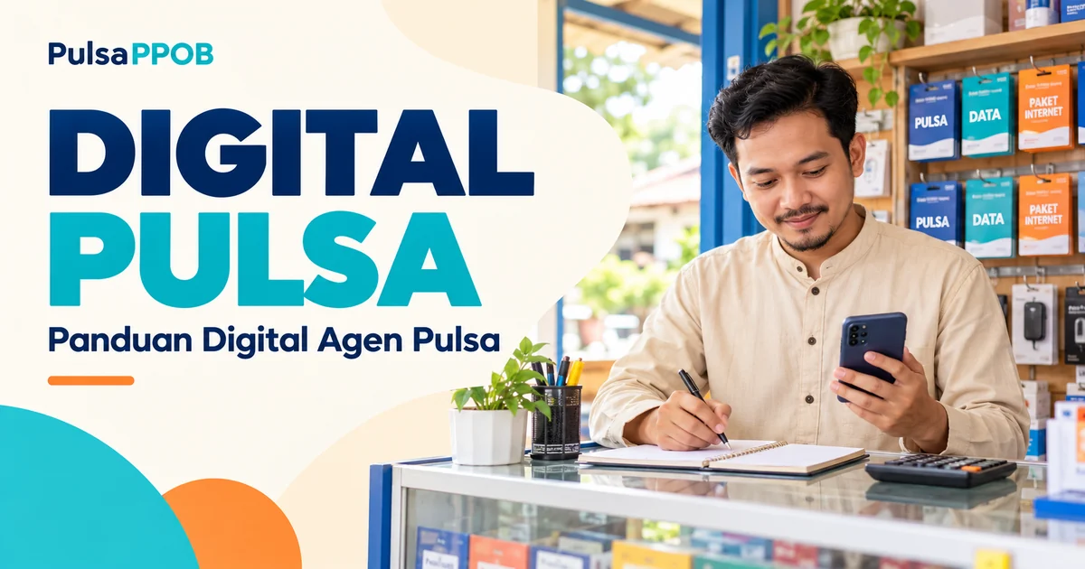 Ilustrasi pemilik konter berpakaian tertutup mempelajari ponsel dan catatan untuk panduan Digital Pulsa