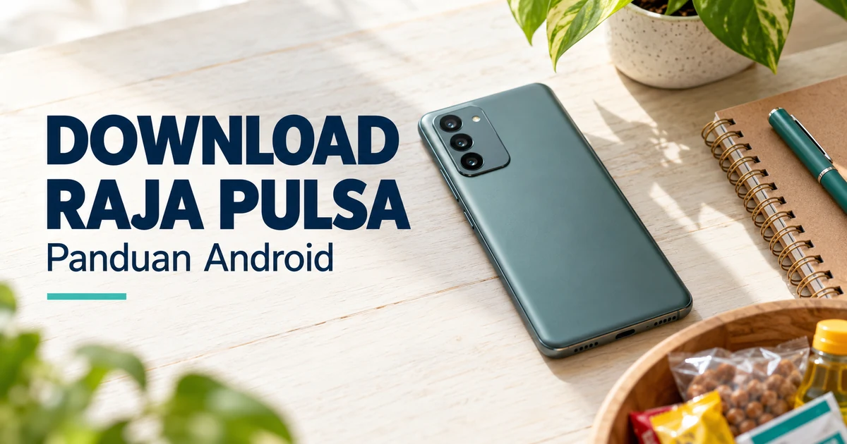 Ilustrasi ponsel Android dan buku catatan untuk panduan download Raja Pulsa