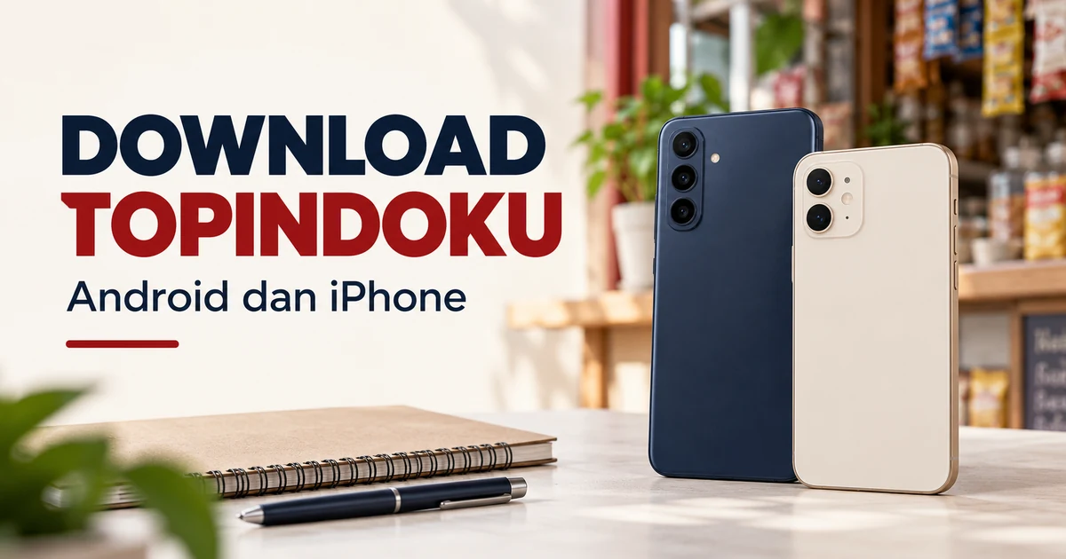Ilustrasi dua ponsel untuk panduan download Topindoku Android dan iPhone