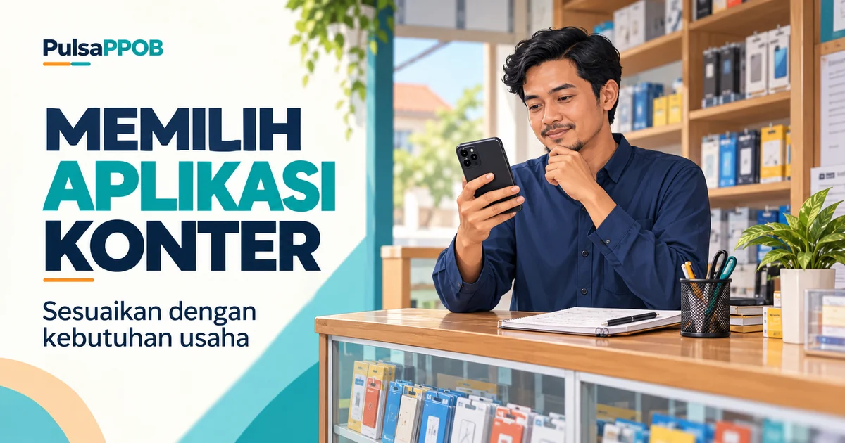 Ilustrasi pemilik konter berpakaian tertutup meninjau ponsel dan catatan untuk memilih aplikasi usaha