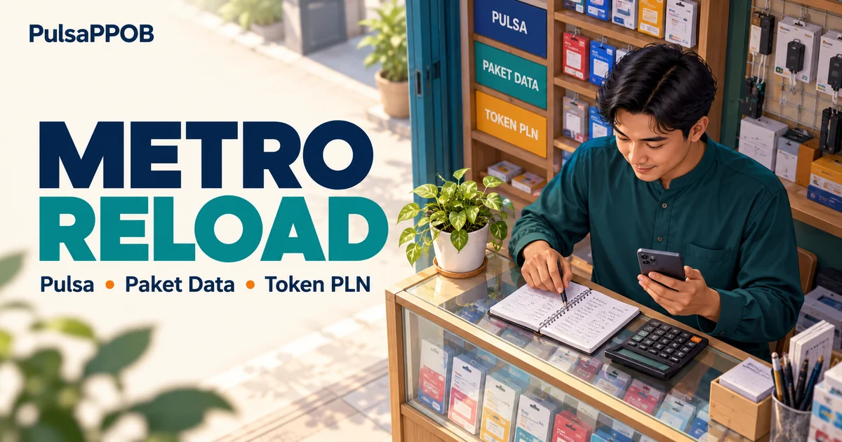 Ilustrasi pemilik konter berpakaian tertutup mempelajari ponsel dan catatan untuk panduan Metro Reload