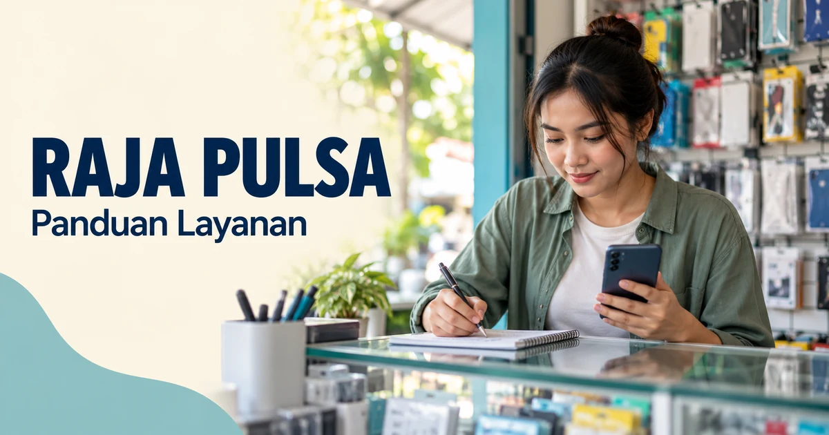 Ilustrasi pemilik konter meninjau catatan dan ponsel untuk panduan Raja Pulsa