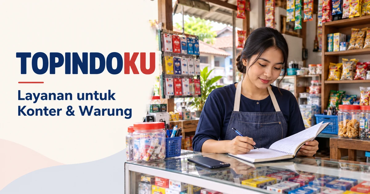 Ilustrasi pemilik warung meninjau catatan untuk panduan layanan Topindoku